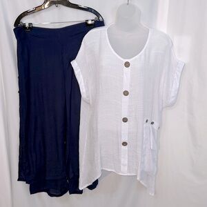 Picadilly Canada Womens Lightweight Summer White Shirt Navy Pant Set Size L